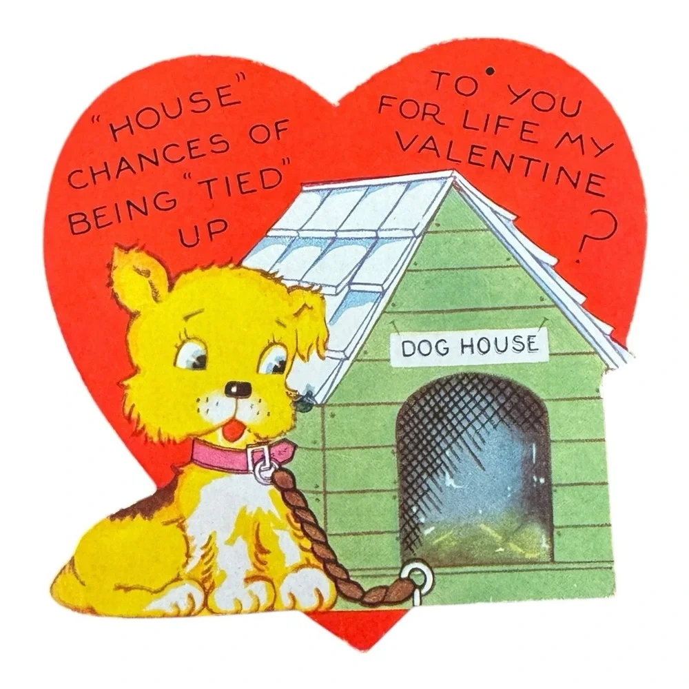 Vintage 1930s Dog Puppy Tied Up Cute Valentines Day‎ Greeting Card